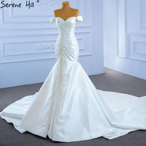 Vestido de novia sirena de satén blanco, elegante, con cuentas de perlas, sexy, 2025 HM67285 