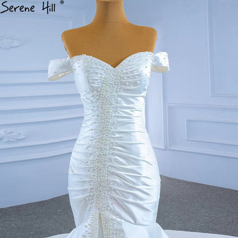 Vestido de novia sirena de satén blanco, elegante, con cuentas de perlas, sexy, 2025 HM67285 