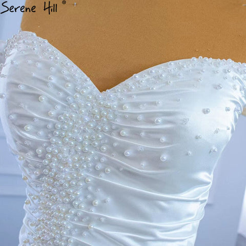 Vestido de novia sirena de satén blanco, elegante, con cuentas de perlas, sexy, 2025 HM67285 