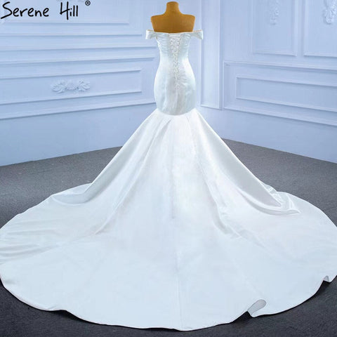 Vestido de novia sirena de satén blanco, elegante, con cuentas de perlas, sexy, 2025 HM67285 