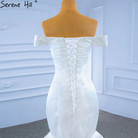 Vestido de novia sirena de satén blanco, elegante, con cuentas de perlas, sexy, 2025 HM67285 