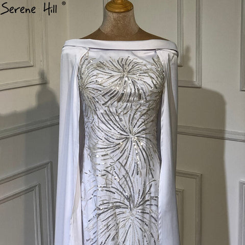 Vestido de noche elegante de sirena con cuentas y sobrefalda de satén blanco 2025 para mujer, fiesta LA70680 