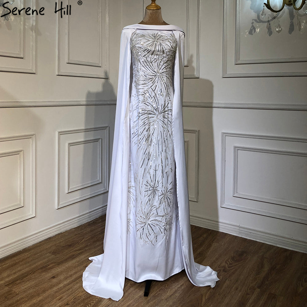 White Satin Overskirt Evening Dresses Gowns 2025 Elegant Mermaid Beaded For Women Party LA70680