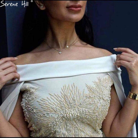 Vestido de noche elegante de sirena con cuentas y sobrefalda de satén blanco 2025 para mujer, fiesta LA70680 