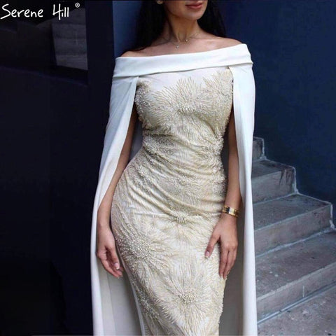 Vestido de noche elegante de sirena con cuentas y sobrefalda de satén blanco 2025 para mujer, fiesta LA70680 