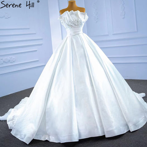 Vestidos de novia sexys de satén blanco 2025, vestido de novia de alta gama con perlas y cuentas HM67267, hecho a medida 