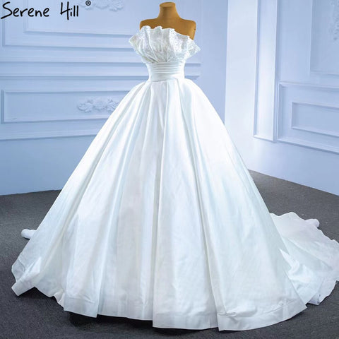 Vestidos de novia sexys de satén blanco 2025, vestido de novia de alta gama con perlas y cuentas HM67267, hecho a medida 