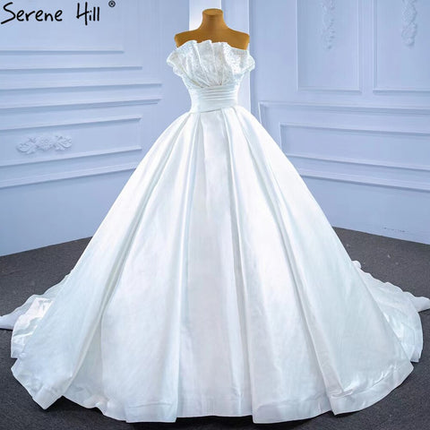 Vestidos de novia sexys de satén blanco 2025, vestido de novia de alta gama con perlas y cuentas HM67267, hecho a medida 