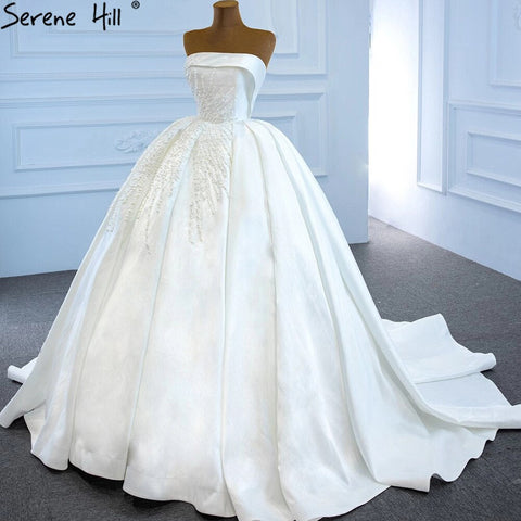 Vestido de novia de satén blanco sin tirantes, de lujo, con cuentas y perlas, sexy, 2025 HM67214, hecho a medida. 