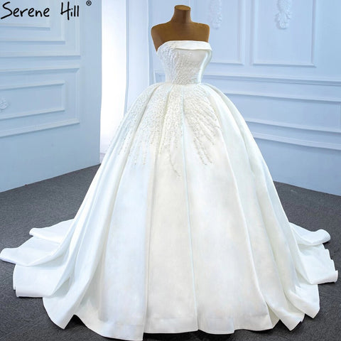 Vestido de novia de satén blanco sin tirantes, de lujo, con cuentas y perlas, sexy, 2025 HM67214, hecho a medida. 