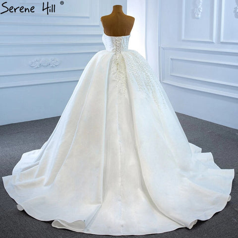 Vestido de novia de satén blanco sin tirantes, de lujo, con cuentas y perlas, sexy, 2025 HM67214, hecho a medida. 
