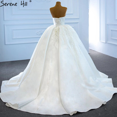 Vestido de novia de satén blanco sin tirantes, de lujo, con cuentas y perlas, sexy, 2025 HM67214, hecho a medida. 