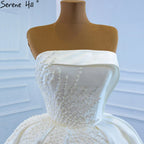 White Satin Strapless Wedding Dresses Gowns Luxury Beading Pearls Sexy Bridal Dress 2025 HM67214 Custom Made