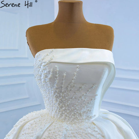 Vestido de novia de satén blanco sin tirantes, de lujo, con cuentas y perlas, sexy, 2025 HM67214, hecho a medida. 
