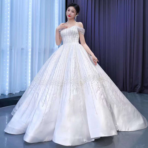 Vestido de novia blanco sexy con hombros descubiertos, encaje y cuentas de lujo, 2025, alta gama, hecho a medida, HM67478 