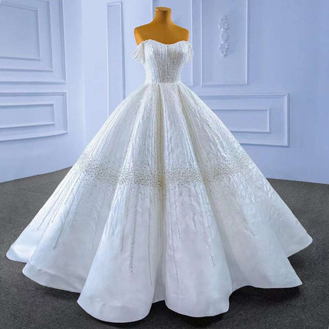 Vestido de novia blanco sexy con hombros descubiertos, encaje y cuentas de lujo, 2025, alta gama, hecho a medida, HM67478 