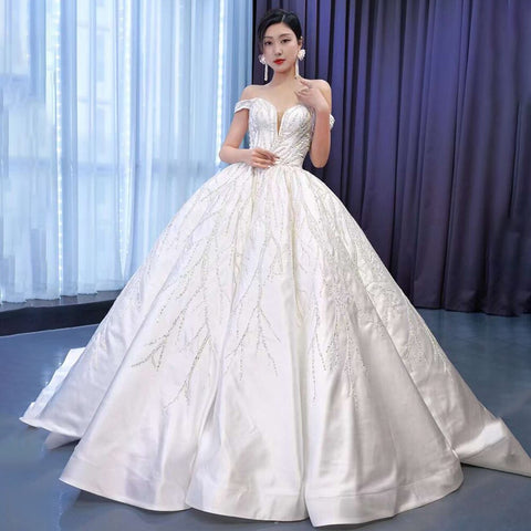 Vestido de novia blanco sexy con hombros descubiertos, de lujo, con cuentas y cordones, 2025, de alta gama, hecho a medida, HM67481 