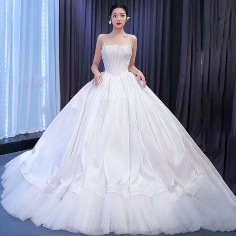Vestido de novia blanco sexy sin tirantes, con encaje y perlas de lujo, 2025, de alta gama, hecho a medida, HM67472 