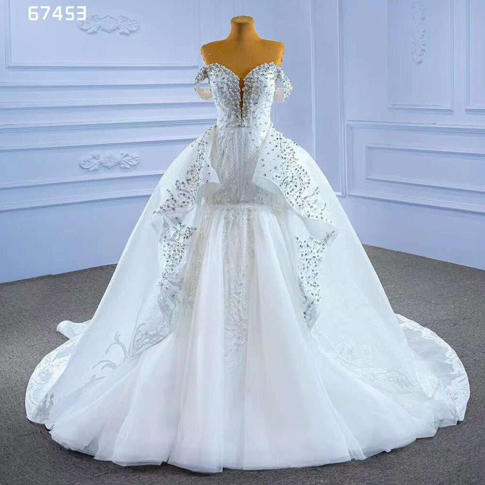 White Sexy V Neck Detachable Train Mermaid Lace Beaded Bride Gowns Wedding Dress 2025 High End Custom Made HM67453