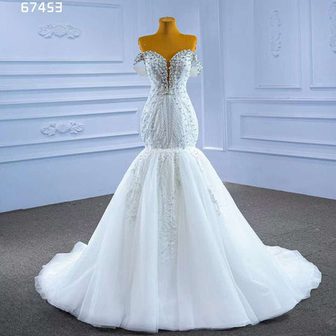 Vestido de novia blanco sexy con escote en V, cola desmontable, encaje de sirena y cuentas, 2025, alta gama, hecho a medida, HM67453 