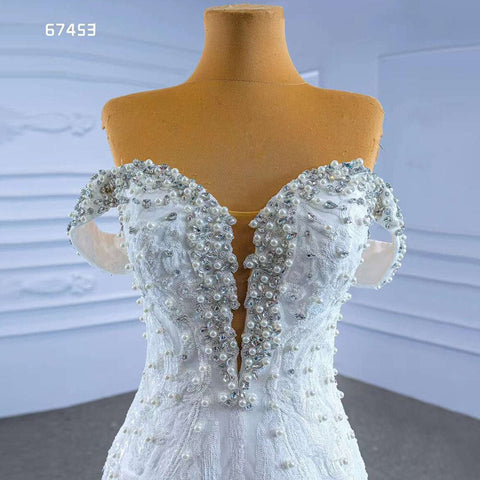 Vestido de novia blanco sexy con escote en V, cola desmontable, encaje de sirena y cuentas, 2025, alta gama, hecho a medida, HM67453 