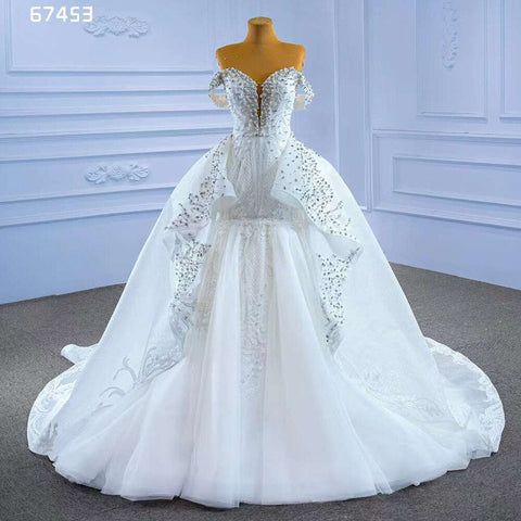 Vestido de novia blanco sexy con escote en V, cola desmontable, encaje de sirena y cuentas, 2025, alta gama, hecho a medida, HM67453 