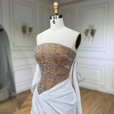 Luxury Dubai Mermaid White Evening Dress Sexy Scalloped LA72293