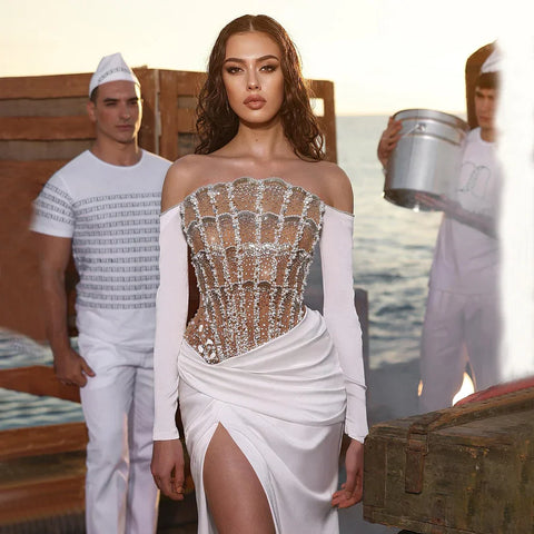 Luxury Dubai Mermaid White Evening Dress Sexy Scalloped LA72293