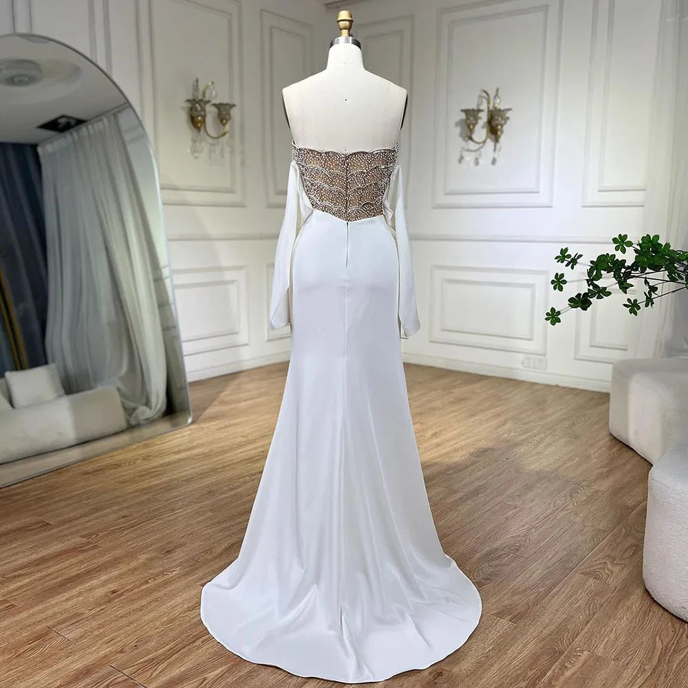 Luxury Dubai Mermaid White Evening Dress Sexy Scalloped LA72293