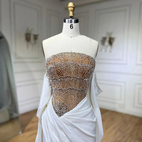 Luxury Dubai Mermaid White Evening Dress Sexy Scalloped LA72293