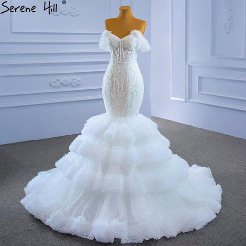 Vestidos de novia blancos con escote corazón, sexys, 2025, de lujo, con volantes y cuentas, HM67347, hechos a medida 