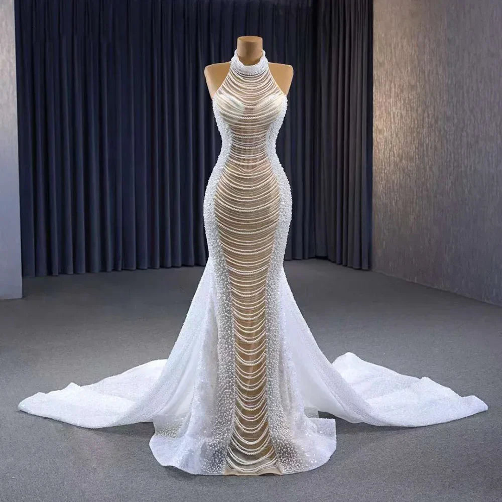 White champagne Mermaid Lace Up Luxury Pearls Beaded Bride Gowns Wedding Dress 2025 High End Custom Made HM231033