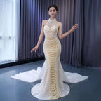 White champagne Mermaid Lace Up Luxury Pearls Beaded Bride Gowns Wedding Dress 2025 High End Custom Made HM231033