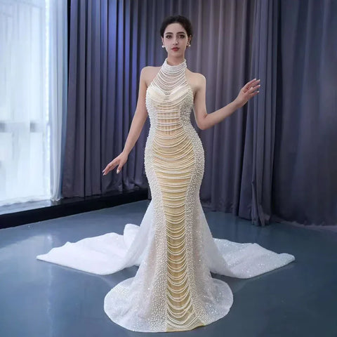 Vestido de novia de lujo con cuentas y encaje de sirena color champán blanco, 2025, alta gama, hecho a medida, HM231033 