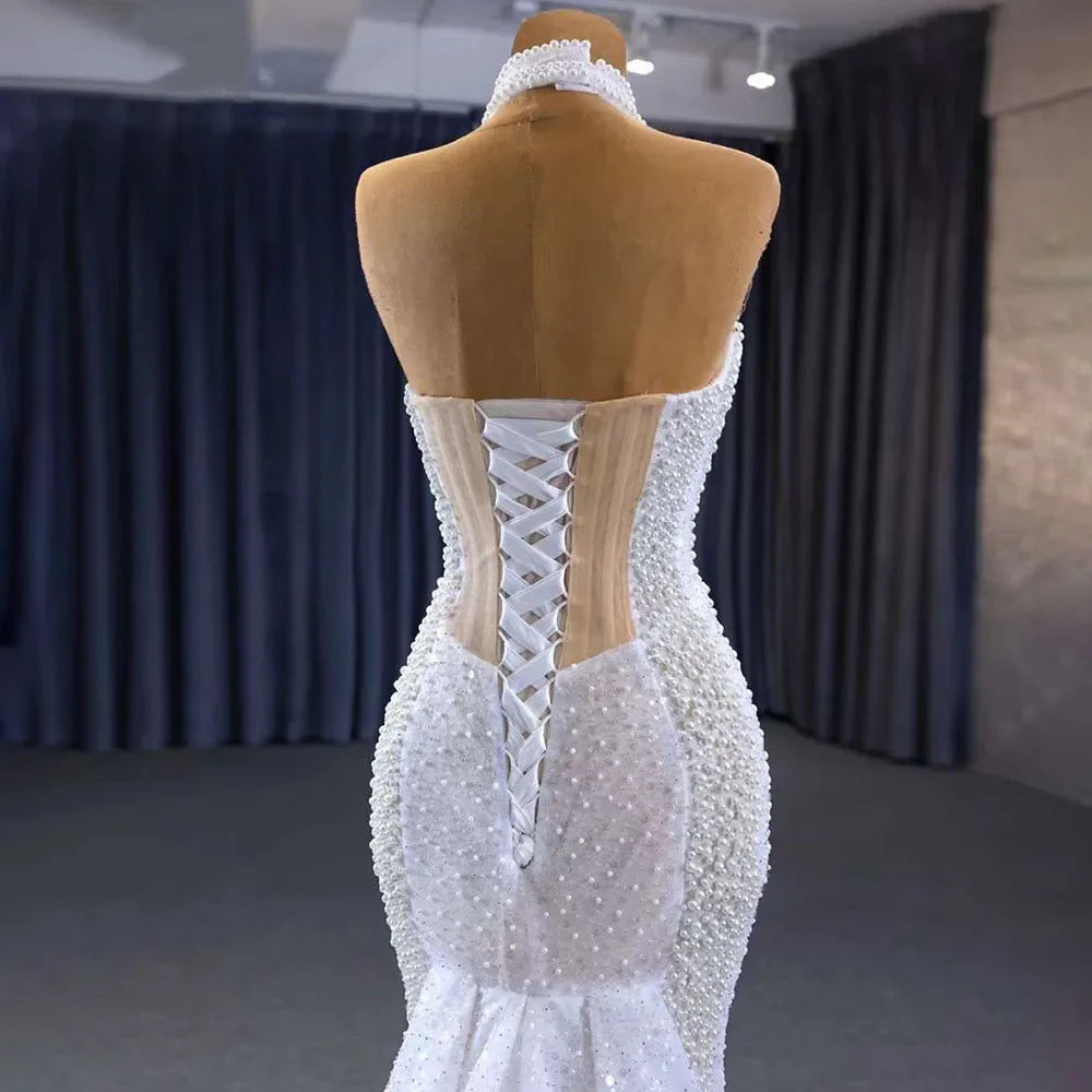 White champagne Mermaid Lace Up Luxury Pearls Beaded Bride Gowns Wedding Dress 2025 High End Custom Made HM231033