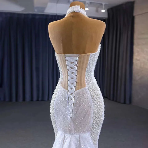 Vestido de novia de lujo con cuentas y encaje de sirena color champán blanco, 2025, alta gama, hecho a medida, HM231033 