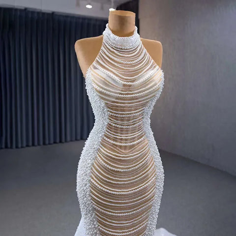 Vestido de novia de lujo con cuentas y encaje de sirena color champán blanco, 2025, alta gama, hecho a medida, HM231033 