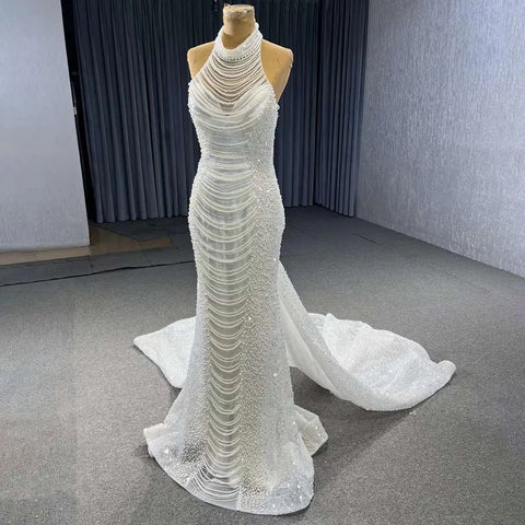 Vestido de novia de lujo con cuentas y encaje de sirena color champán blanco, 2025, alta gama, hecho a medida, HM231033 