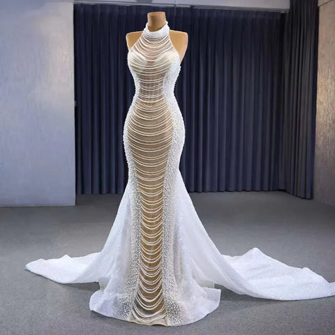 Vestido de novia de lujo con cuentas y encaje de sirena color champán blanco, 2025, alta gama, hecho a medida, HM231033 
