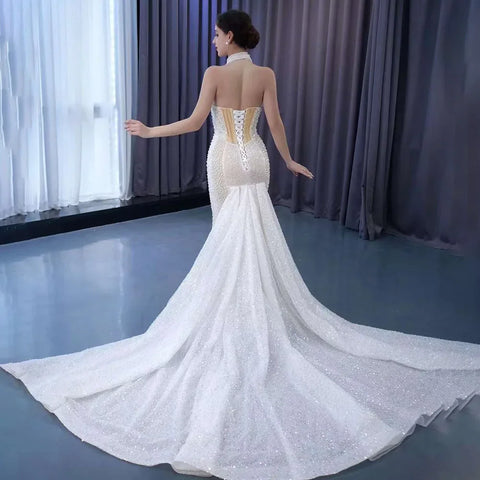 Vestido de novia de lujo con cuentas y encaje de sirena color champán blanco, 2025, alta gama, hecho a medida, HM231033 