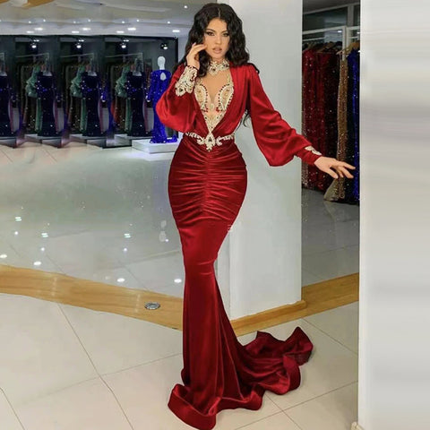 Wijn Rood Satijn Mermaid Avond Jurken 2025 Luxe Kralen Elegante Voor Vrouwen Party LA71555 