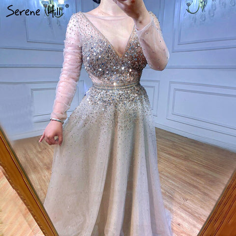 Vestidos de noche estilo Dubái, corte A, color vino tinto, 2025, con mangas largas y cuentas, diseño de vestido formal sexy LA70734 