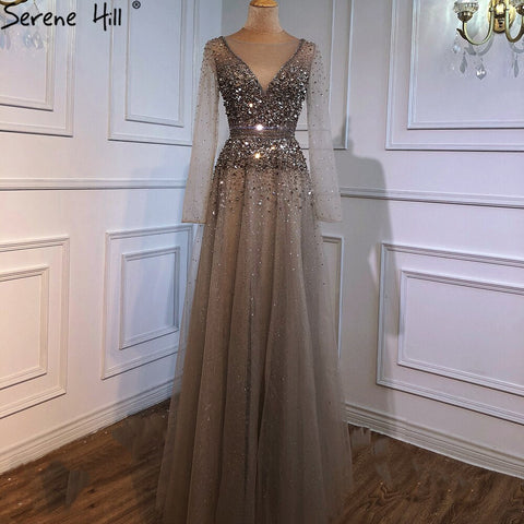 Vestidos de noche estilo Dubái, corte A, color vino tinto, 2025, con mangas largas y cuentas, diseño de vestido formal sexy LA70734 