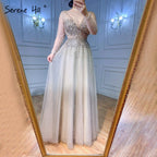 Wine Red A-Line Evening Dresses 2025 Dubai Beading Long Sleeves Sexy Formal Dress Design LA70734