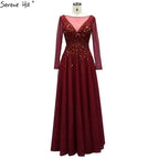 Wine Red A-Line Evening Dresses 2025 Dubai Beading Long Sleeves Sexy Formal Dress Design LA70734