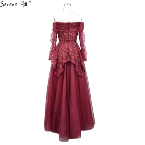 On Sale no return no refundSale Wine Red A-Line Evening Dresses 2025 Dubai Beading Long Sleeves Formal Dress Design LA70692