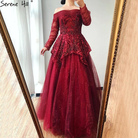 On Sale no return no refundSale Wine Red A-Line Evening Dresses 2025 Dubai Beading Long Sleeves Formal Dress Design LA70692