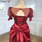 Wine Red A-Line Evening Dresses Gowns 2025 Beaded Bow Puffy Sleeves For Women Party LA71281