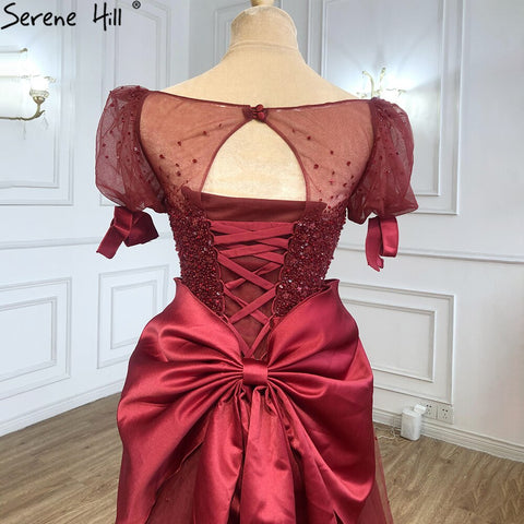 Vestidos de noche color vino tinto corte A, con lazo de cuentas y mangas abullonadas, para mujer, fiesta, LA71281 