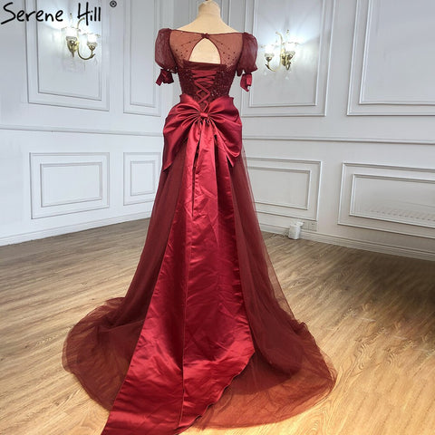 Vestidos de noche color vino tinto corte A, con lazo de cuentas y mangas abullonadas, para mujer, fiesta, LA71281 